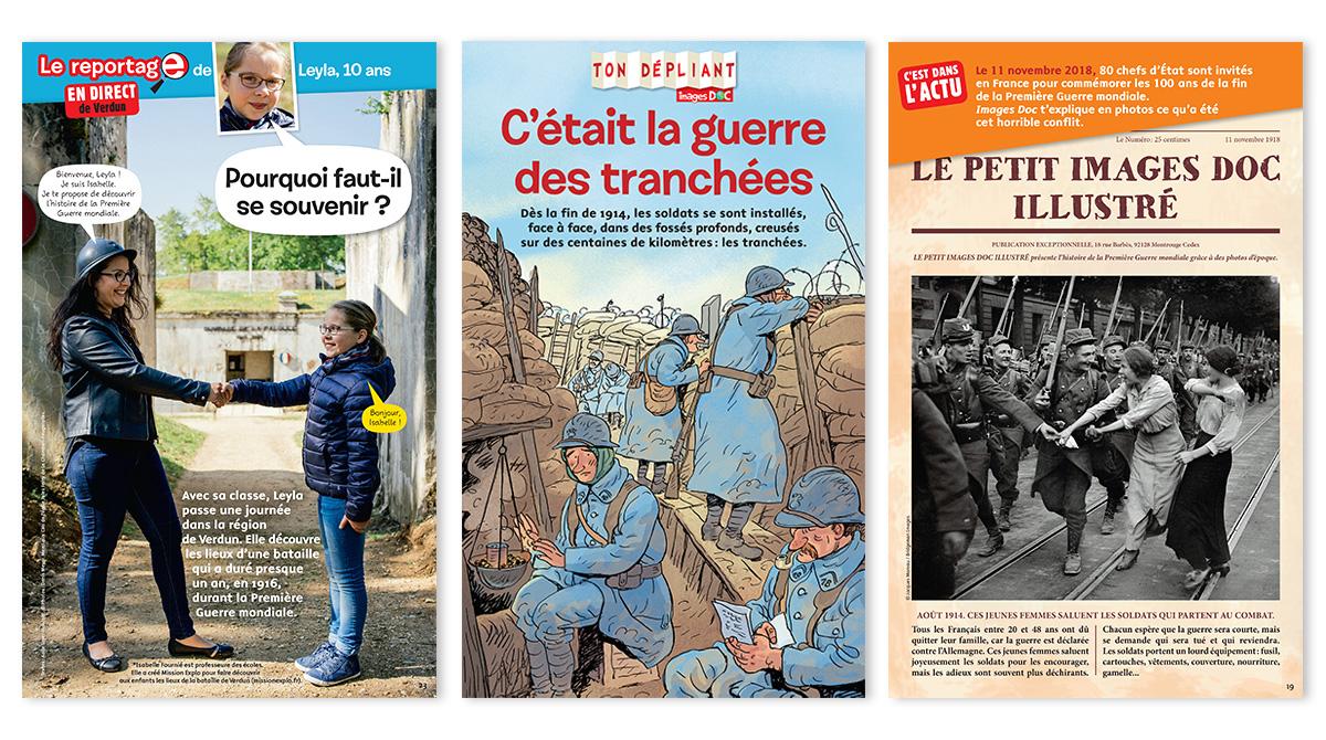 Images Doc n°359, novembre 2018 : “Le reportage de Leyla, 10 ans, en direct de Verdun” - Textes : Aude Loyer-Hascoët. © Photos : Denis Meyer. • “Ton dépliant : C'était la guerre des tranchées” - Textes : Pascale Bouchié. Illustrations : Sylvain Frécon. • “C'est dans l'actu - Le petit Images Doc illustré” - Textes : Pascale Bouchié. Photo © Jacques Moreau/Bridgeman Images.