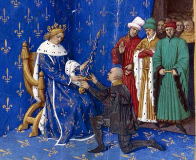 Le 2 octobre 1370, Charles V le Sage remet l'épée de connétable à Bertrand Du Guesclin, célèbre son habileté militaire. © BnF, département des Manuscrits, Français 6465, fol. 434v. (Livre de Charles V)