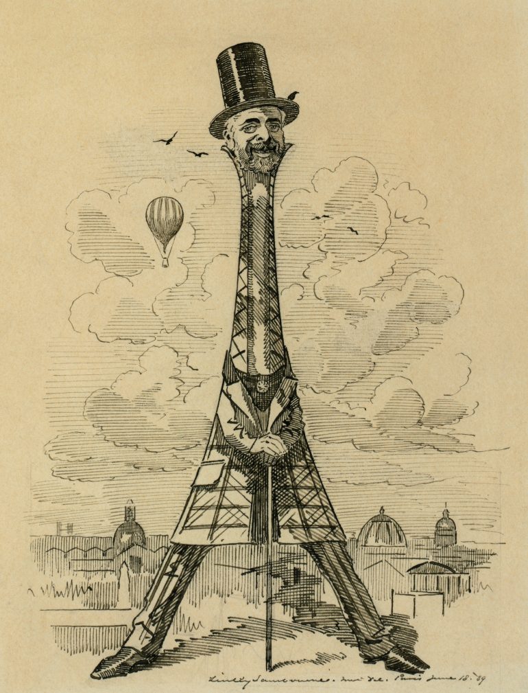 Caricature de Gustave Eiffel en forme de tour par E. L. Sambourne © PD US