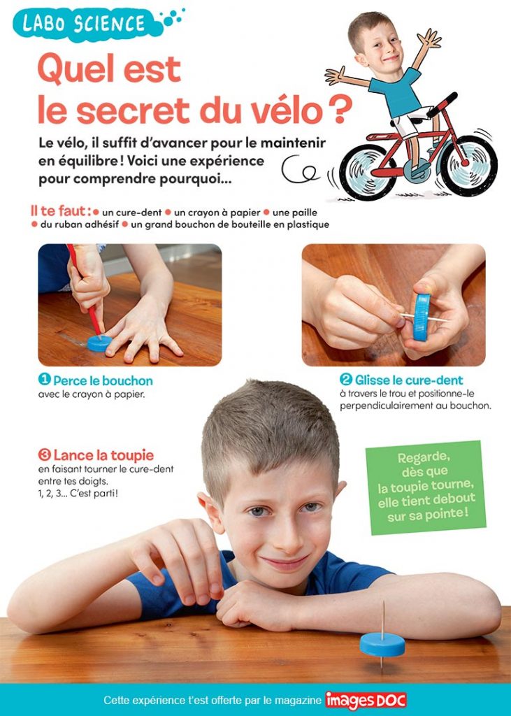 Labo Science : le secret du vélo. Photos : © Rebecca Josset (enfant). © Skycolors - Shutterstock. Illustrations : Sess Boudebesse.