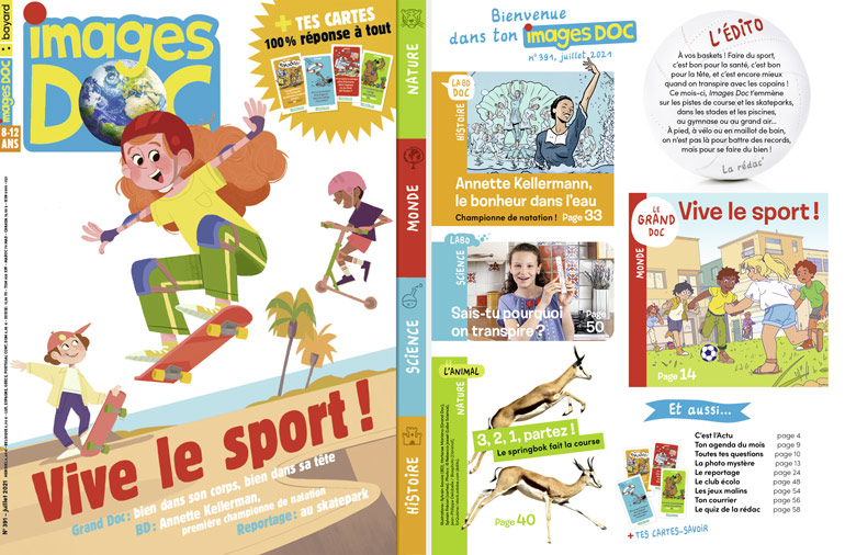 Couverture et sommaire du magazine Images Doc n°391, juillet 2021 - Vive le sport !