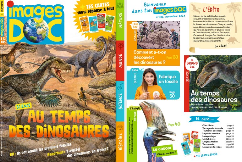 Sommaire du magazine Images Doc n°395, novembre 2021 - Au temps des dinosaures