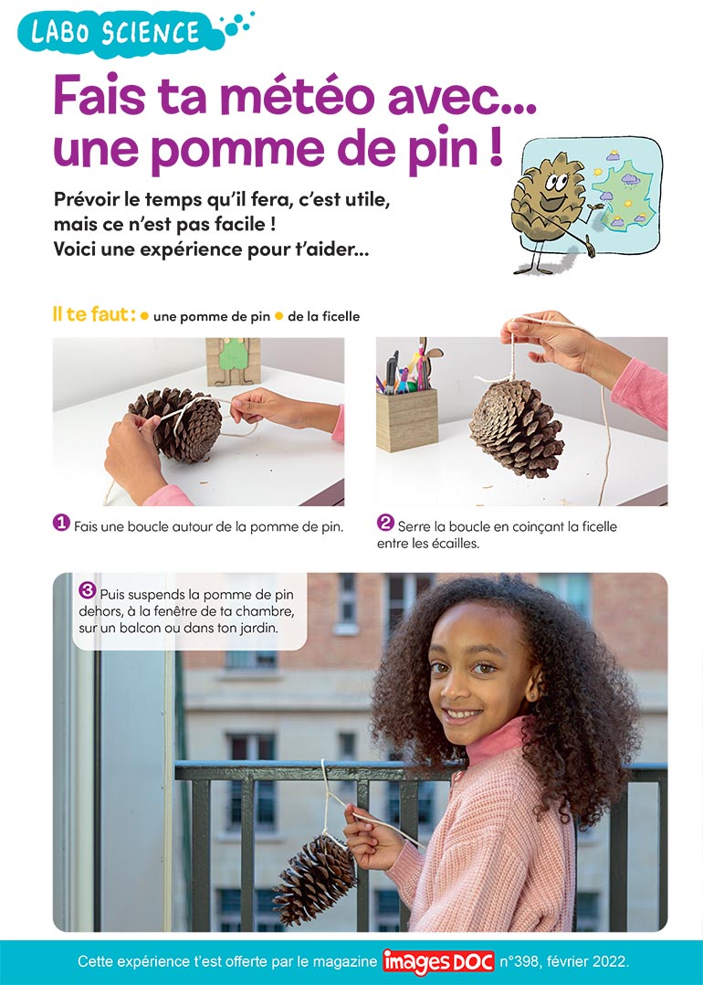 “Labo science : fais ta météo avec… une pomme de pin !”, Images Doc n°398, février 2022. Photo : Rebecca Josset. 