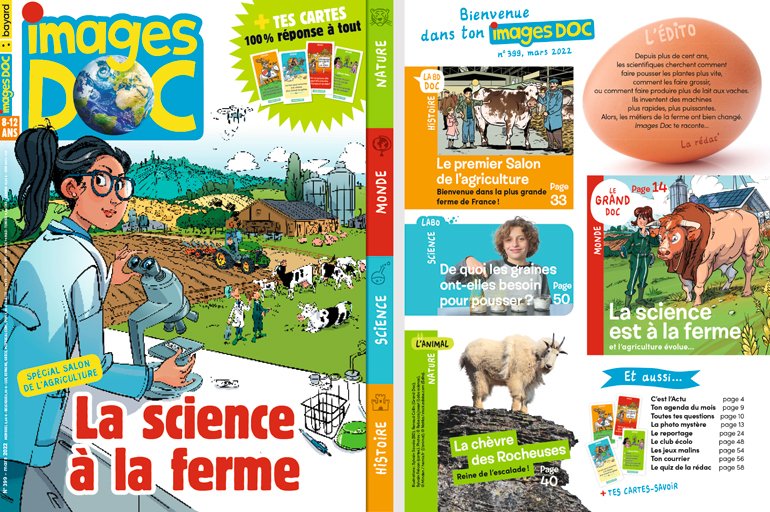 Sommaire du magazine Images Doc n°399, mars 2022 - Spécial Salon de l'agriculture - La science à la ferme