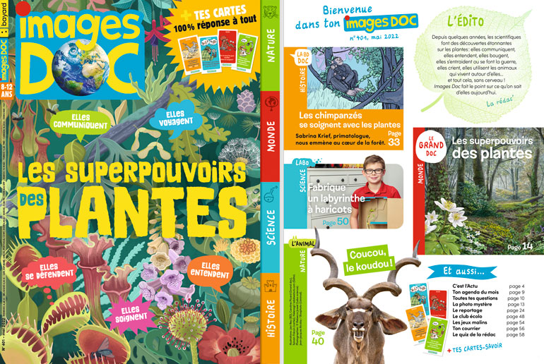 Couverture et sommaire du magazine Images Doc n°401, mai 2022 - Les superpouvoirs des plantes