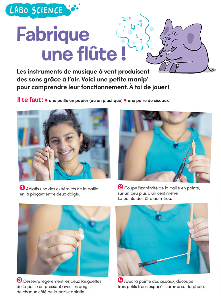 “Labo science : fabrique une flûte !”, Images Doc n°402, juin 2022. Photos : Rebecca Josset. Illustrations : Jérôme Sié.