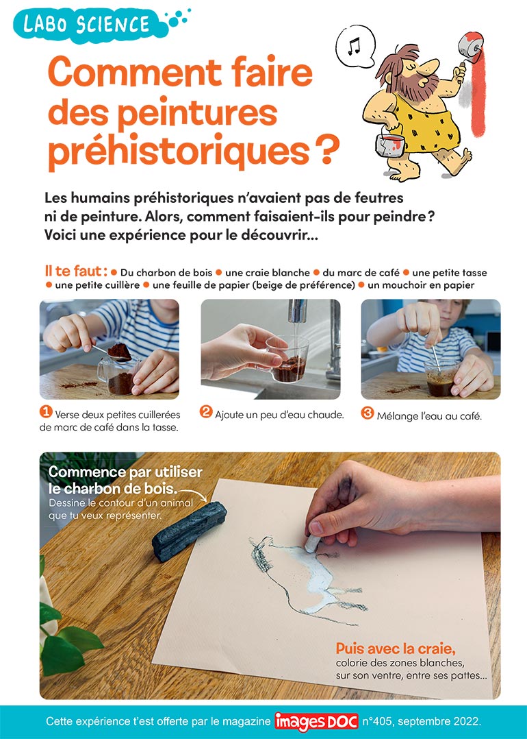 “Labo science : Comment faire des peintures préhistoriques ?”, Images Doc n°405, septembre 2022. Photo : Rebecca Josset. Illustration : Jérôme Sié.