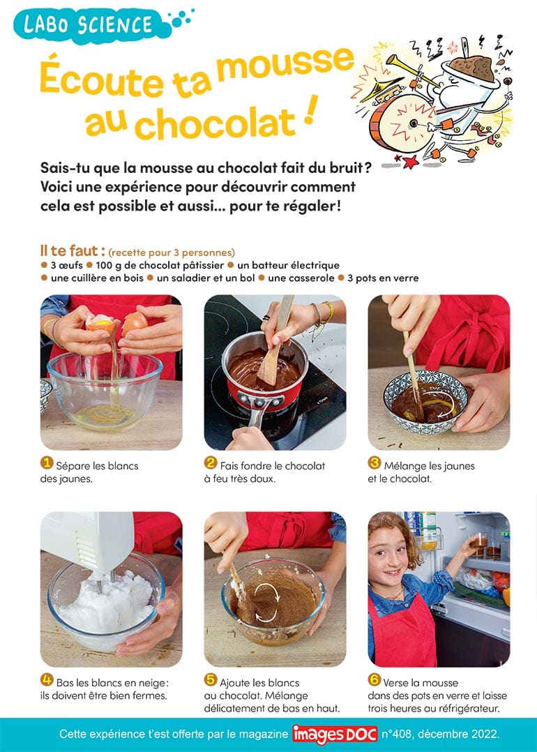 Labo science : écoute ta mousse au chocolat !, Images Doc n°408, décembre 2022. Photos : Rebecca Josset. Illustrations : Jérôme Sié. Schémas : Alexia Féron.