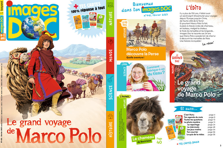 Couverture et sommaire du magazine Images Doc n°410, février 2023 - Le grand voyage de Marco Polo.