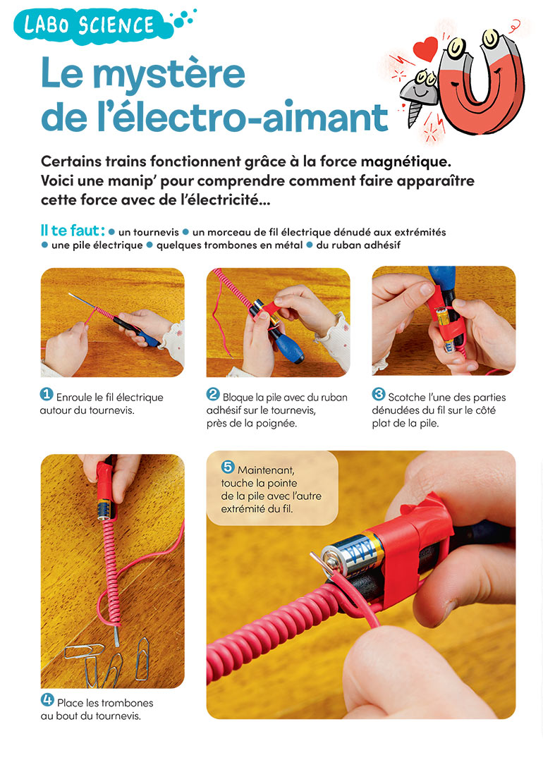 Labo science : le mystère de l’électro-aimant, Images Doc n°412, avril 2023. Photo : Rebecca Josset. Illustration : Jérôme Sié.