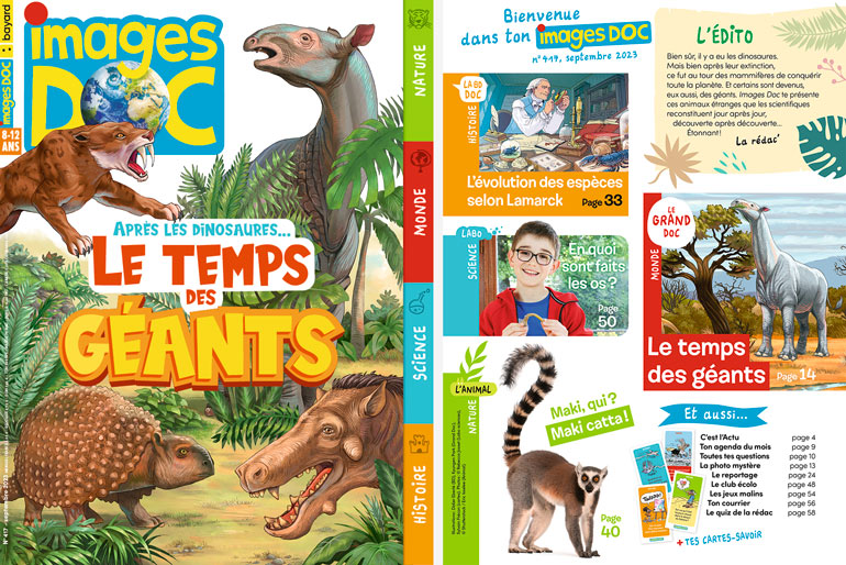 Couverture et sommaire du magazine Images Doc n°417, septembre 2023 - Après les dinosaures… le temps des géants.