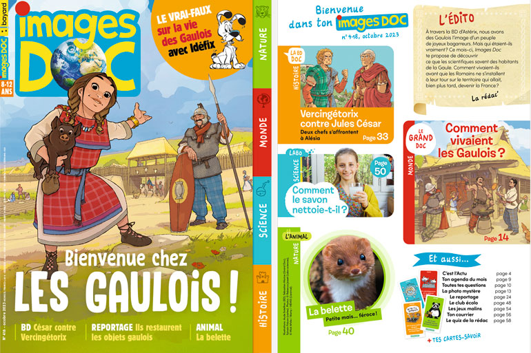 Couverture et sommaire du magazine Images Doc n°418, octobre 2023 - Bienvenue chez les Gaulois ! BD : César contre Vercingétorix - Reportage : ils restaurent les objets gaulois - Animal : la belette - Le vrai-faux sur la vie des Gaulois avec Idéfix.