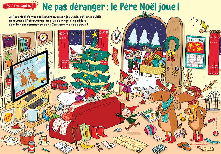Les jeux malins : Ne pas déranger : le Père Noël joue !, Images Doc n°420, décembre 2023. Illustration : Joëlle Dreidemy.