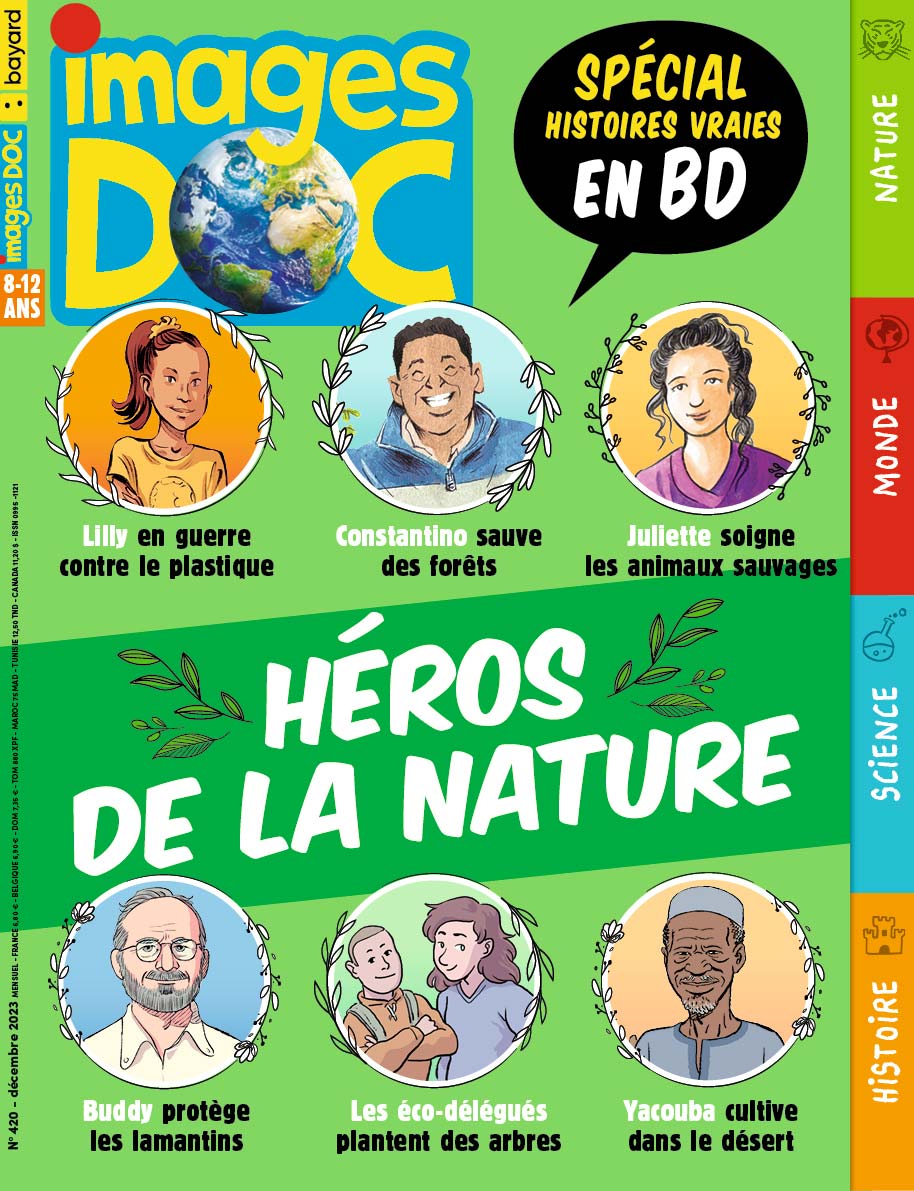 Couverture du magazine Images Doc n°420, décembre 2023 - Héros de la nature - Spécial histoires vraies en BD