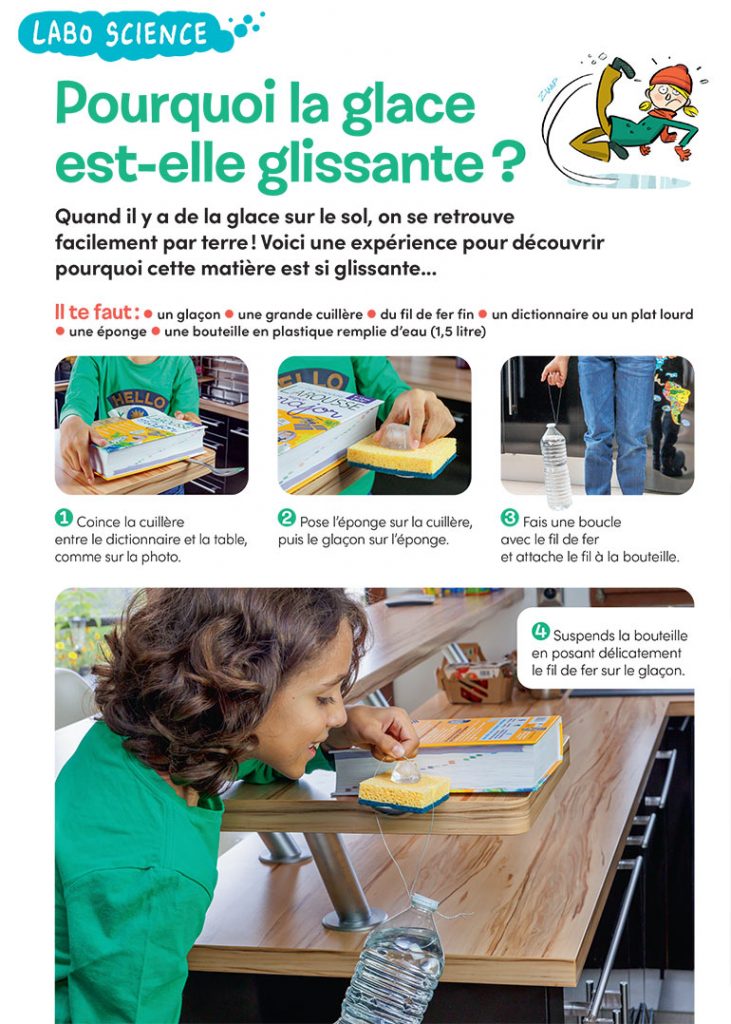 Labo science : Pourquoi la glace est-elle glissante ?, Images Doc n°421, janvier 2024. Photos : Rebecca Josset. Illustrations : Jérôme Sié. Schémas : Sophie Froger.