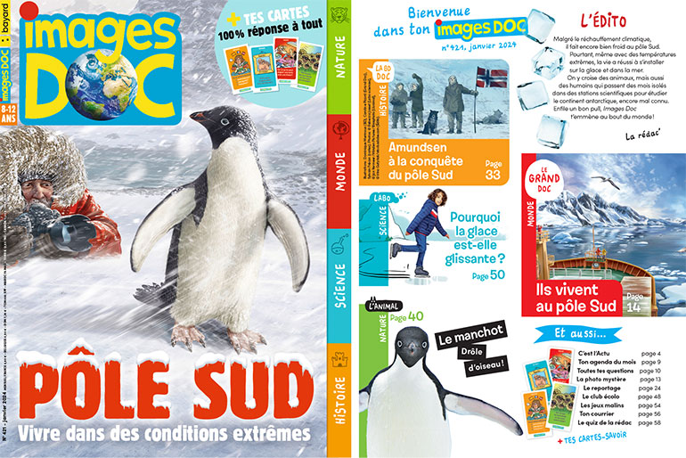 Couverture et sommaire du magazine Images Doc n°421, janvier 2024 - Pôle Sud - Labo science : pourquoi la glace est-elle glissante ?
