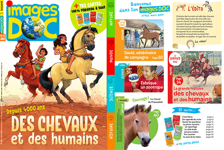 Couverture et sommaire du magazine Images Doc n°423, mars 2024 - Depuis 4 000 ans : des chevaux et des humains.
