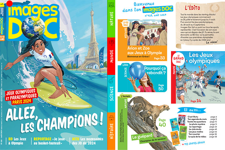 Couverture et sommaire du magazine Images Doc n°428, août 2024 - Allez, les champions !