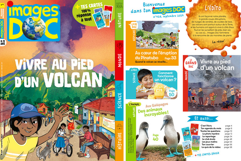 Couverture et sommaire du magazine Images Doc n°429, septembre 2024 - Vivre au pied d'un volcan