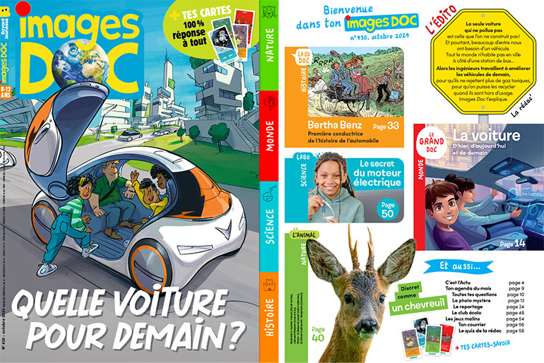 Couverture et sommaire du magazine Images Doc n°430, octobre 2024 - Quelle voiture pour demain ?