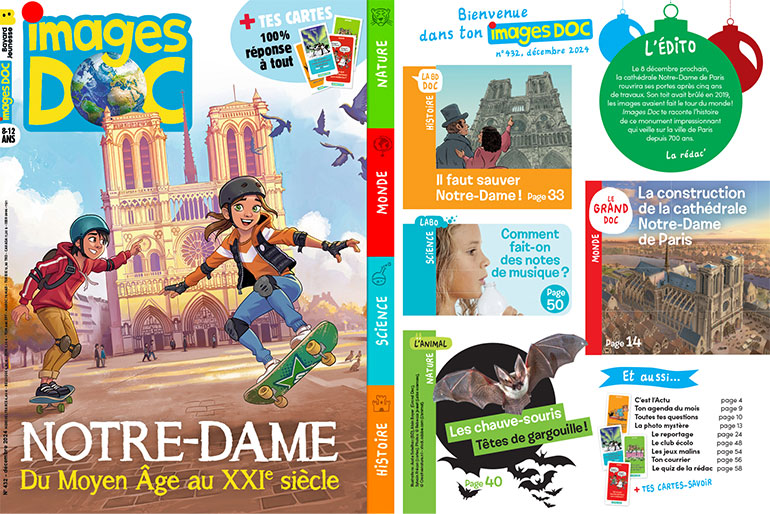 Couverture et sommaire du magazine Images Doc n°432, décembre 2024 - Notre-Dame, du Moyen Âge au XXIe siècle