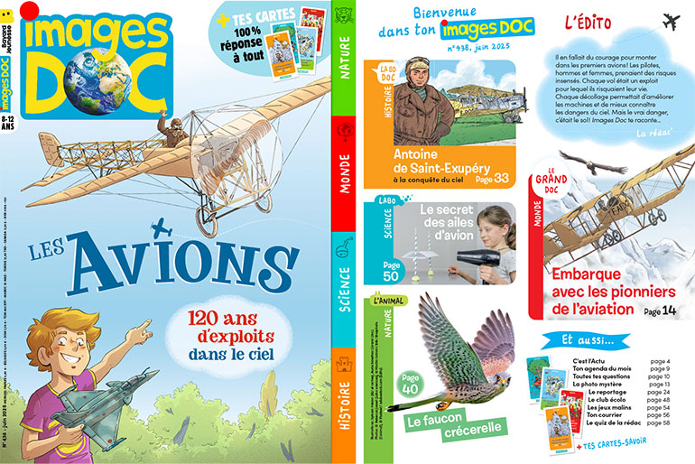 Couverture et sommaire du magazine Images Doc n°438, juin 2025 - Les avions : 120 ans d'exploits dans le ciel.